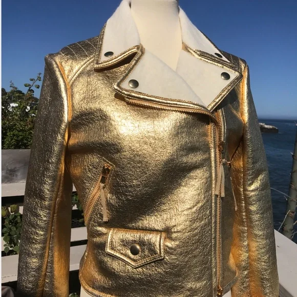 Moschino Couture Metallic Gold, faux leather & pure wool biker jacket